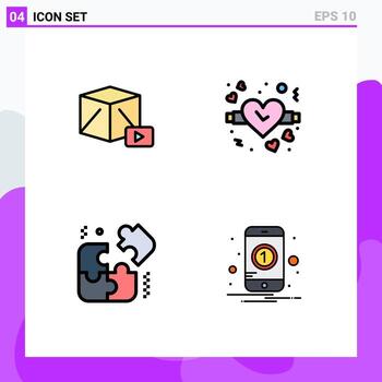 Mobile Interface Filledline Flat Color Set of 4 Pictograms of button business box watch number Editable Vector Design Elements