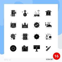 Modern Set of 16 Solid Glyphs and symbols such as error screen radio power house Editable Vector Design Elements