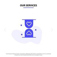 Our Services Heart Hourglass Glass Hour Waiting Solid Glyph Icon Web card Template vector