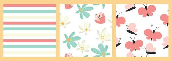 Collection of seamless patterns with butterfly and flowers. vector