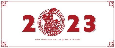 Chinese new year 2023 year of the rabbit. Lunar new year red rabbit zodiac with Chinese traditional frame, flower pattern and number on white background design concept. Vector illustration.