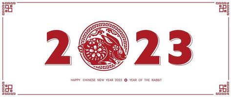 Chinese new year 2023 year of the rabbit. Lunar new year red rabbit zodiac with Chinese traditional frame, flower pattern and number on white background design concept. Vector illustration.