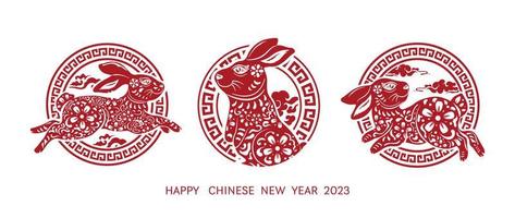 Chinese new year 2023 year of the rabbit. Set of Lunar new year red rabbit zodiac in circle sign on white background design concept. Vector illustration