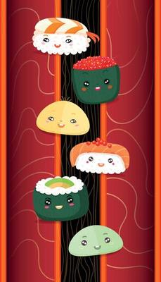 Various kawaii Sushi, rolls, nigiri. Hand drawn colored Vector set. Japanese cartoon style. Trendy illustration. All elements are isolated