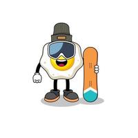 Mascot cartoon of fried egg snowboard player vector