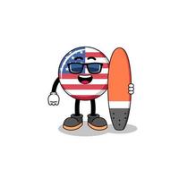 caricatura de mascota de la bandera de estados unidos como surfista vector