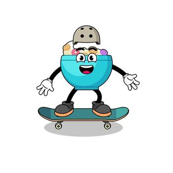mascota del tazón de cereal jugando una patineta vector