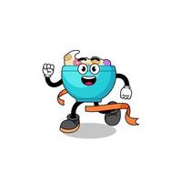 Mascot cartoon of cereal bowl running on finish line vector