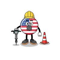 caricatura de personaje de la bandera de estados unidos trabajando en la construcción de carreteras vector