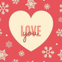 tarjeta de invierno te amo. corazón sobre un fondo rojo con un patrón de copos de nieve. concepto de vacaciones, día de san valentín y navidad. ilustración vectorial vector