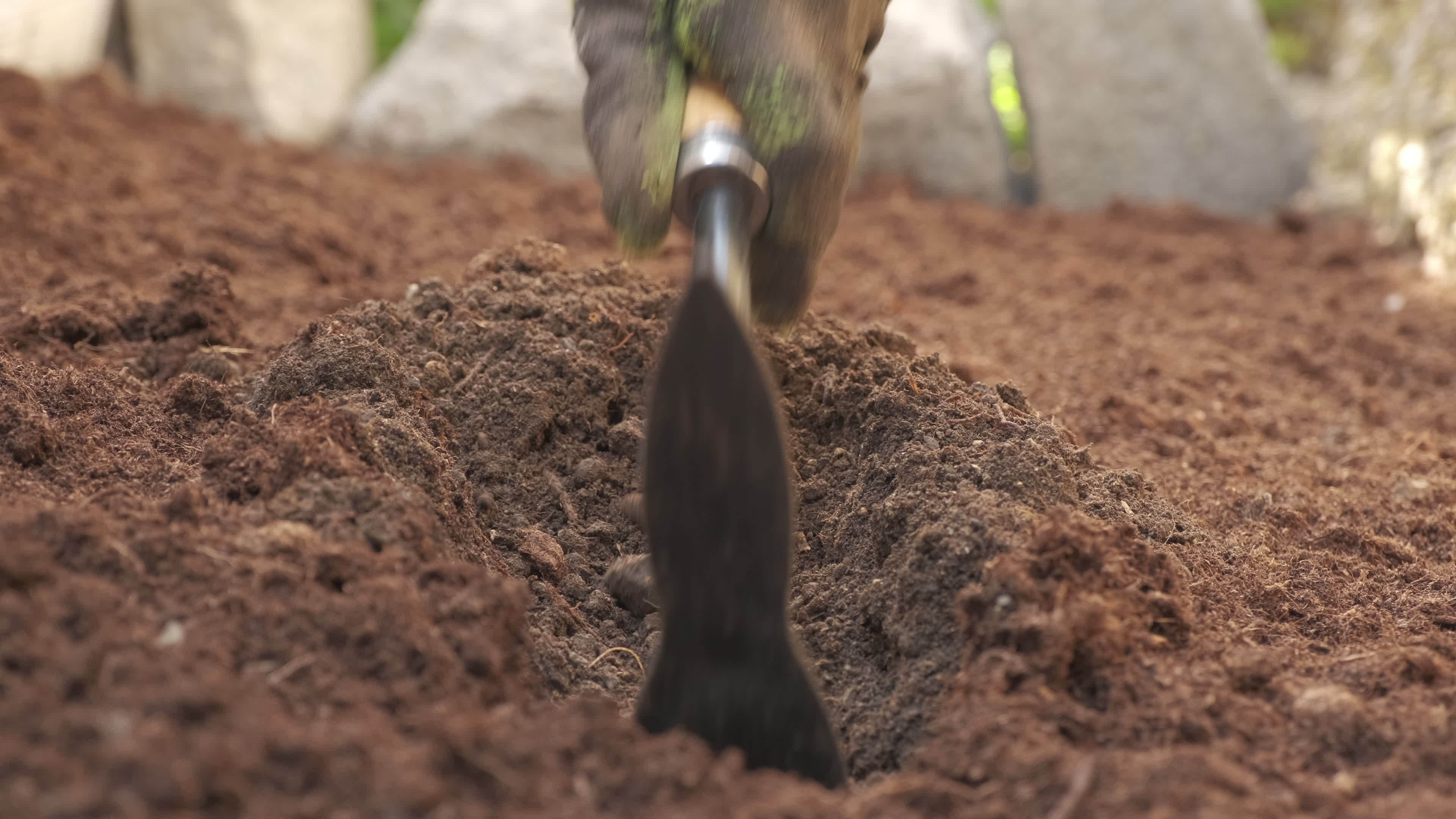 Farmer using trowel hoe preparing the ground for organic agriculture