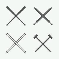 Set of vintage cross weapons in retro style. Bats, swords, hammers. Vector illustration. Monochrome Graphic Art.