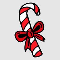 Ilustración de vector de palo dulce de bastón de caramelo. icono plano festivo de navidad o año nuevo. bastón blanco con rayas rojas aislado sobre fondo verde. regalo, plantilla de impresión de tarjeta de felicitación.