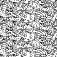 Vector pattern with hand drawn sushi and rolls on white color. Pattern on the theme of Japanese food. Background for use in design, web site, packing, textile, fabric, wallpaper