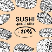 Square background with frame consisted of different types of Japanese sushi and rolls hand drawn. Special offer. Vector colored illustration for Asian restaurant advertisement.