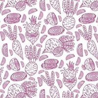 Pattern with beet full beetroot and piece of beet. Vector hand drawn illustration