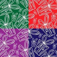 Seamless pattern of white simple line gift boxes on different colorful backdrop vector