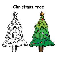 libro o página para colorear, ilustración. árbol de navidad con adornos y regalos. concepto de tarjeta de felicitación. vector