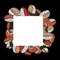 marco de rollo de sushi. ilustración conceptual de snack, sushi, nutrición exótica, marisco. plantilla para restaurante de sushi, café, entrega o su negocio funciona. vector