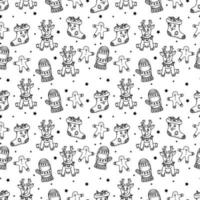 Vector hand drawn Christmas seamless pattern. Black and white background.