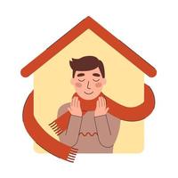 hombre feliz en una bufanda en el fondo de su casa. Ilustración de vector de concepto de hogar acogedor