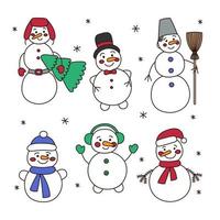 conjunto de diferentes muñecos de nieve lindos en sombreros, mitones, bufandas, con un árbol de navidad y una escoba en estilo garabato aislado sobre fondo blanco. ilustración vectorial para invierno, año nuevo vector