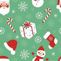Christmas seamless pattern with santa claus, gift box, snowman, christmas hat, sock, candy cane and snowflakes on green background. Vector flat illustration with holiday, New Year elements