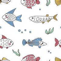 Seamless pattern with different funny fishes, seaweed and bubbles in doodle style on white background. Vector illustration