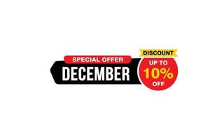 Oferta de descuento del 10 por ciento de diciembre, liquidación, diseño de banner de promoción con estilo de etiqueta. vector