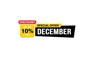 Oferta de descuento del 10 por ciento de diciembre, liquidación, diseño de banner de promoción con estilo de etiqueta. vector