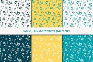 Set of seamless patterns with wildflowers and herbs. Botanical hand drawn vector illustration of small stems, herbs and branches. Good for fabric, wallpaper, cover and other backgrounds.