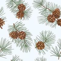 Winter forest seamless pattern with pine branches and cones. Evergreen floral christmas vector illustration. Engraving hand-drawn nature background.