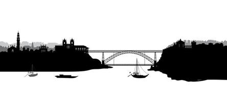 Portugal city Porto panoramic tourist skyline view. Portuguese cityscape with famous bridge thourgh Douro river vector