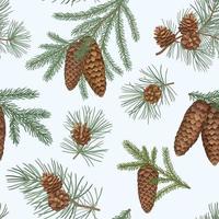 Christmas holiday seamless floral pattern with spruce, pine and cones. Winter evergreen christmas tree branches background in engraving hand-drawn line art style. Vector illustration.