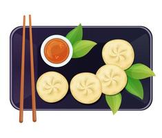 Dim Sum traditional Chinese dumplings. Asian food on black plate, top view. Colorful vector illustration isolated on white background.