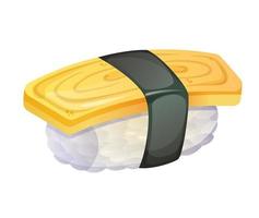 sushi tamago o rollo de huevo sobre arroz. Ilustración de vector colorido aislado sobre fondo blanco.