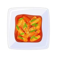 delicioso tteokbokki. vista superior del pastel de arroz picante coreano. comida asiática topokki. Ilustración de vector colorido aislado sobre fondo blanco.