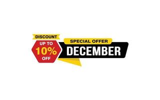 Oferta de descuento del 10 por ciento de diciembre, liquidación, diseño de banner de promoción con estilo de etiqueta. vector