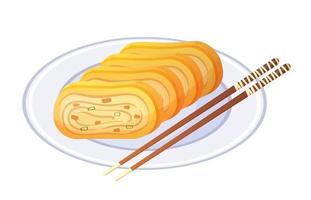 rollo de huevo japonés en el plato. comida asiática al estilo de las caricaturas. Ilustración de vector colorido aislado sobre fondo blanco.