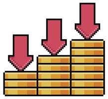 pila de monedas de pixel art con icono de vector de gráfico de devaluación para juego de 8 bits sobre fondo blanco