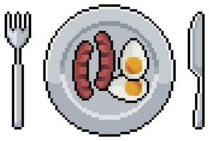 Pixel art plate with boiled eggs and sausage and cutlery vector icon for 8bit game on white background