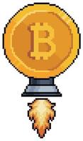 Pixel art bitcoin with rocket turbine vector icon for 8bit game on white background