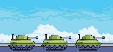 convoy de pixel art de tanques de guerra en la calle con escena de vector de fondo de cielo azul para juego de 8 bits