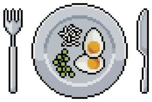 placa de arte de píxeles con huevos, arroz, guisantes e icono de vector de cubiertos para juego de 8 bits sobre fondo blanco