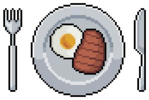 Pixel art plate with steak, fried egg and cutlery vector icon for 8bit game on white background