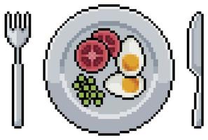 Pixel art plate with eggs, tomatoes, peas and cutlery vector icon for 8bit game on white background