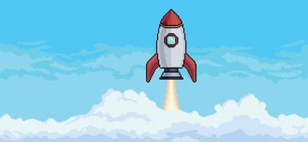 Pixel art blue sky with clouds and rocket flying background vector for 8bit game
