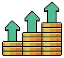 Pixel art stack of coins with valuation chart vector icon for 8bit game on white background