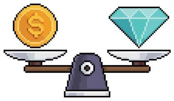 escalas de arte de píxeles con moneda e icono de vector de diamante para juego de 8 bits sobre fondo blanco