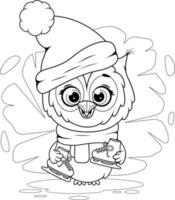 Coloring page. Cute cartoon owl with skates vector